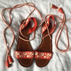 Tory Burch Woven Coral Wrap Tassel Flat Sandals